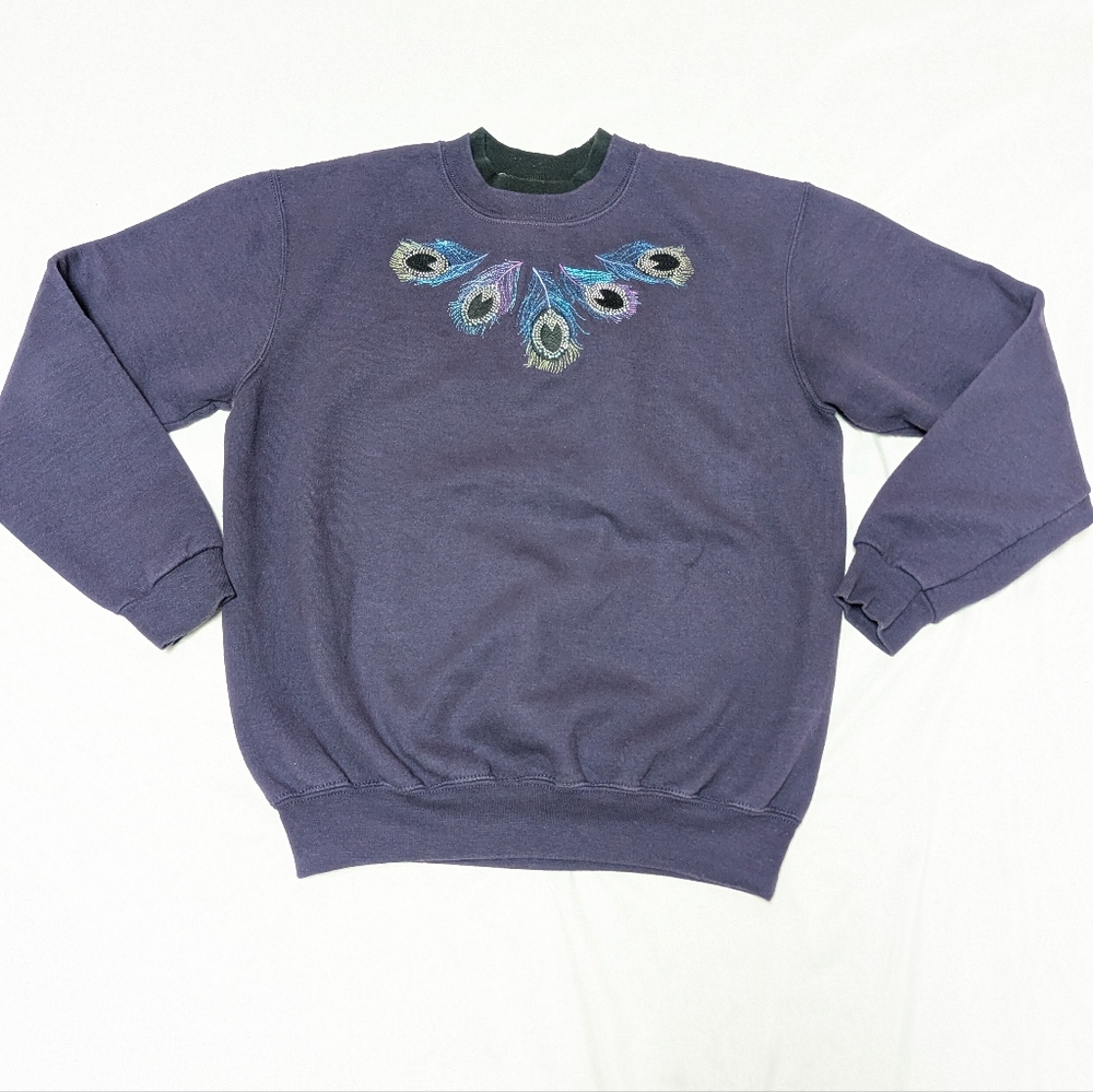 Grannycore Purple Mock Neck Embroidered Peacock Feather Rhinestone Sweatshirt‎